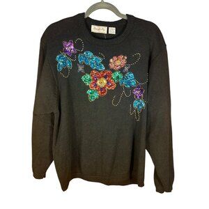 Vintage Womens Lg (estimated) Sweater Black Sequin Floral 80s Old Money